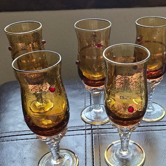 5 1930 Murano Tulip Cordial Glasses 22k Gold Trim and Filigree w/ Red Jewels - Picture 2 of 15
